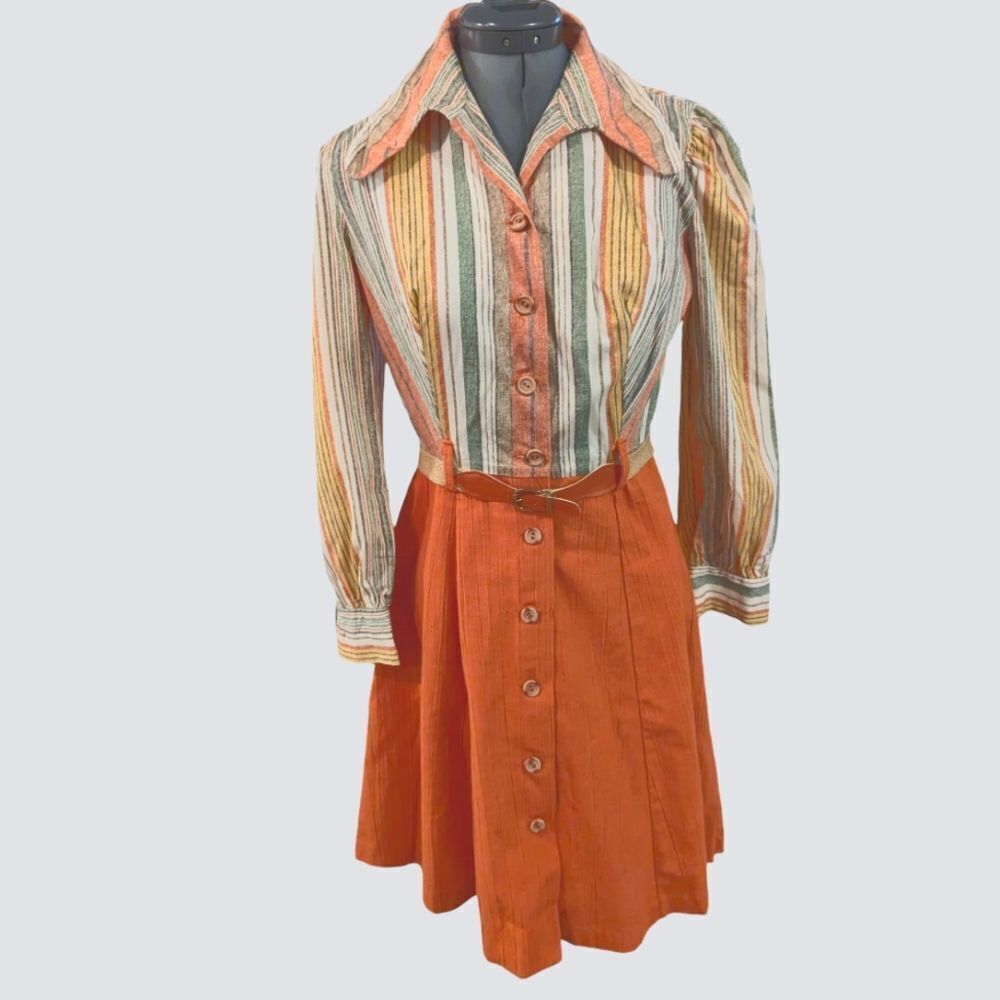 70s vintage striped women's shirt dress dagger collar size 11
